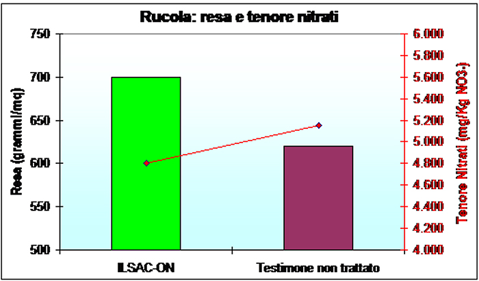 Bellizzi (SA). Su rucola, IlsaC-on, applicato due volte alla dose di 150 grammi/100 litri di acqua, ha favorito un netto aumento della biomassa fogliare e la contemporanea riduzione dei nitrati.